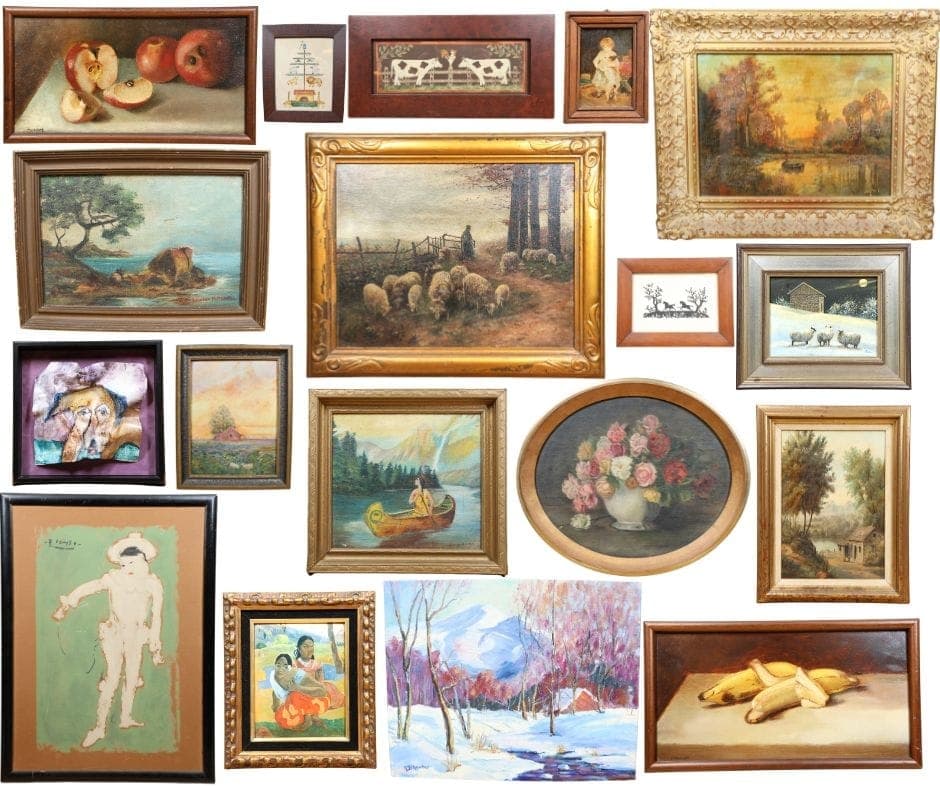 Gallery wall of vintage paintings and artwork for professional estate valuation in Philadelphia